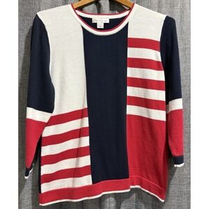 Christopher & Banks Round Neck Patriotic Sweater 3/4 Sleeve Sz Large Stripes